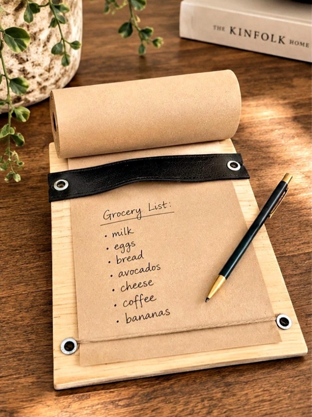 Hand Crafted Wooden Kraft Paper Roll Memo Board Grocery List Dispenser 9 x 8”